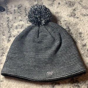 Forever 21 Black & Grey Thin Striped Beanie w pom